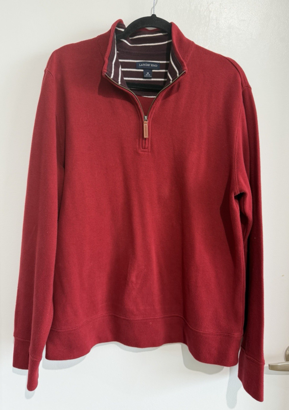 Lands' End Men Red Quarter Zip Pullover Sweater Striped Inner Collar Preppy Sz-M